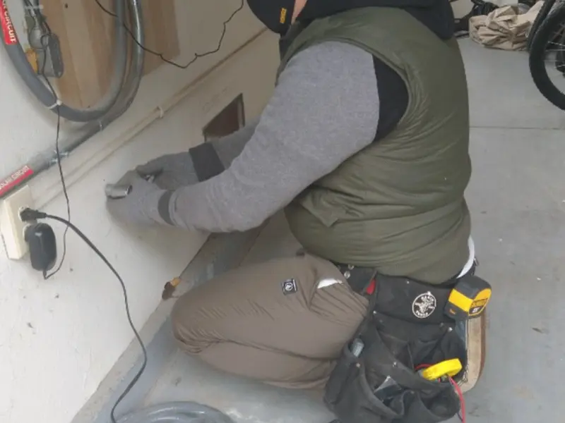 Electrician performing outlet wiring in a Woodcliff Lake garage